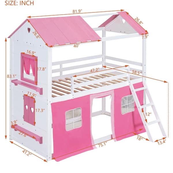 dimension image slide 1 of 4, Roomfitters Twin-Size Bunk Wood House Bed with Elegant Windows, Sills, Tent, Sturdy Wooden Frame, Charming and Functional Design