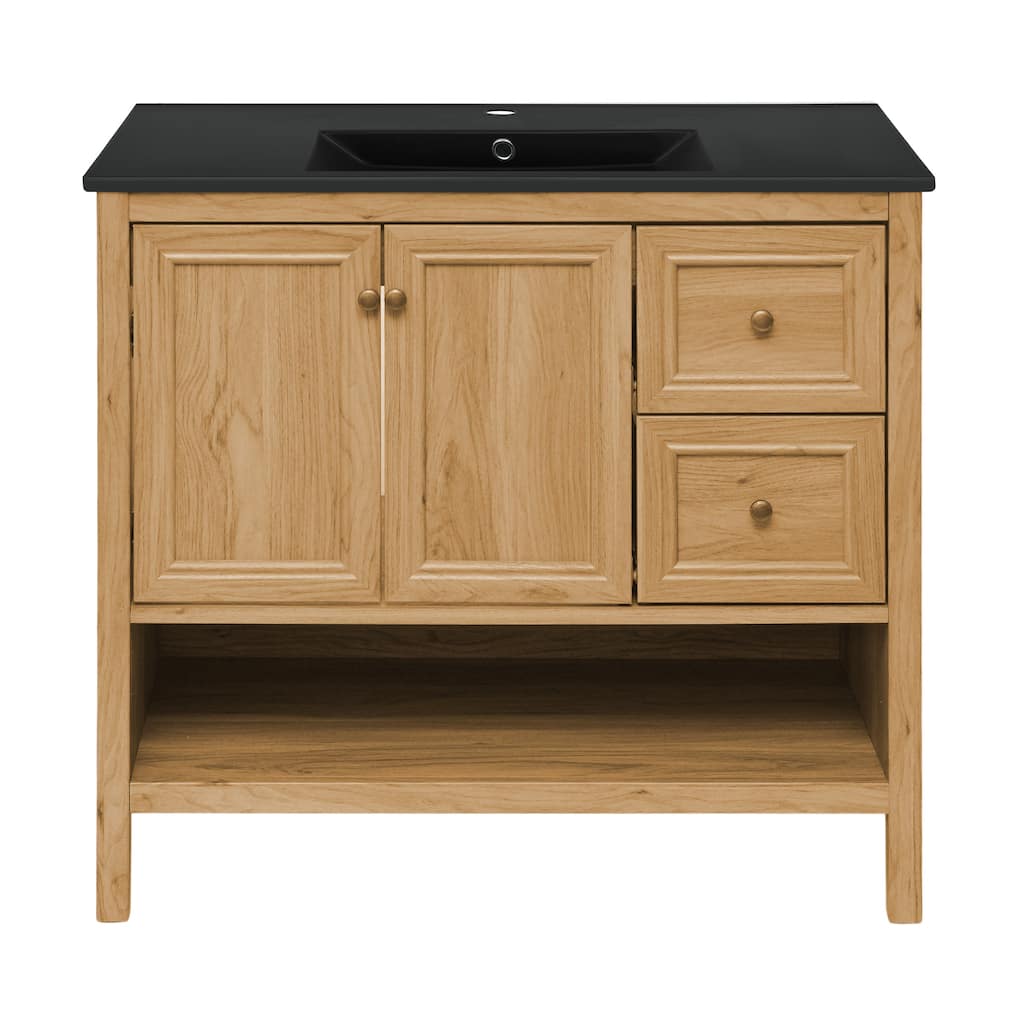 Chteau 36 In. Brown Oak Bathroom Vanity With Black Ceramic Sink Top