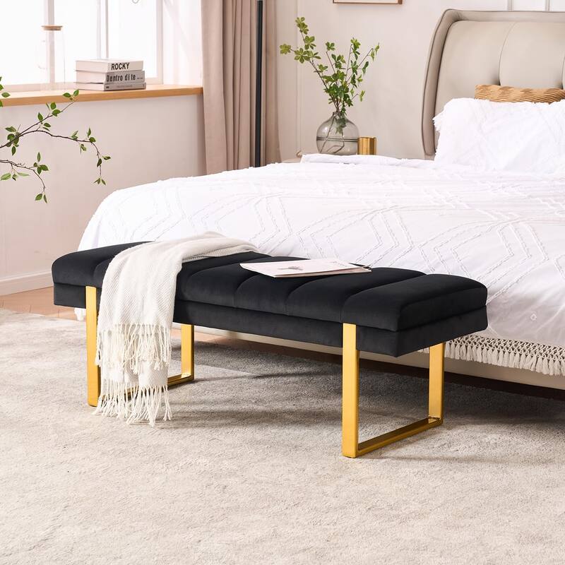Upholstered Bedroom Bench Tufted Entryway Bench Modern End of Bed Bench Dining Bench with Gold/Black Metal Legs for Window