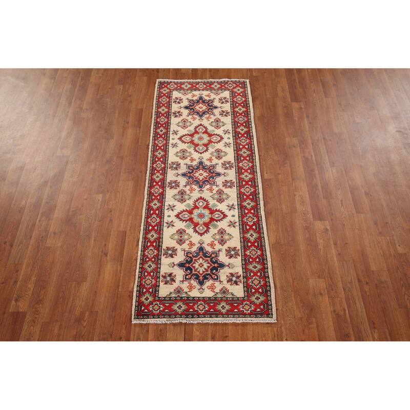 Geometric Kazak Runner Rug Hand-Knotted Beige Wool Carpet - 2'3" x 5'11"