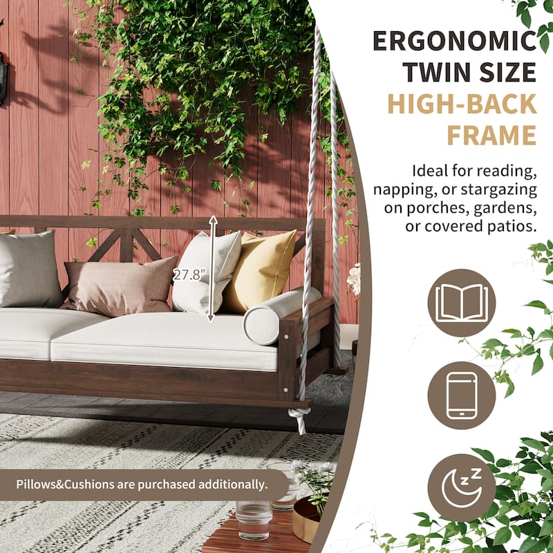 Acacia Wood Twin Size Patio Swing Bed Modern Porch Swing Hanging Bed Frame with 16.4ft Hemp Ropes for Garden,Backyard
