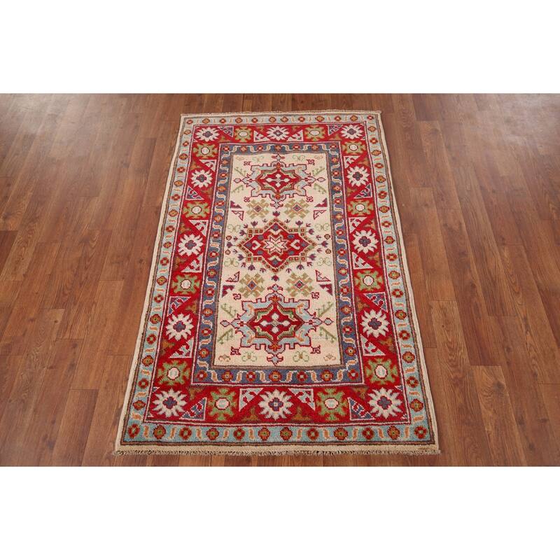 Geometric Kazak Oriental Accent Rug Hand-Knotted Wool Carpet - 2'8" x 4'3"