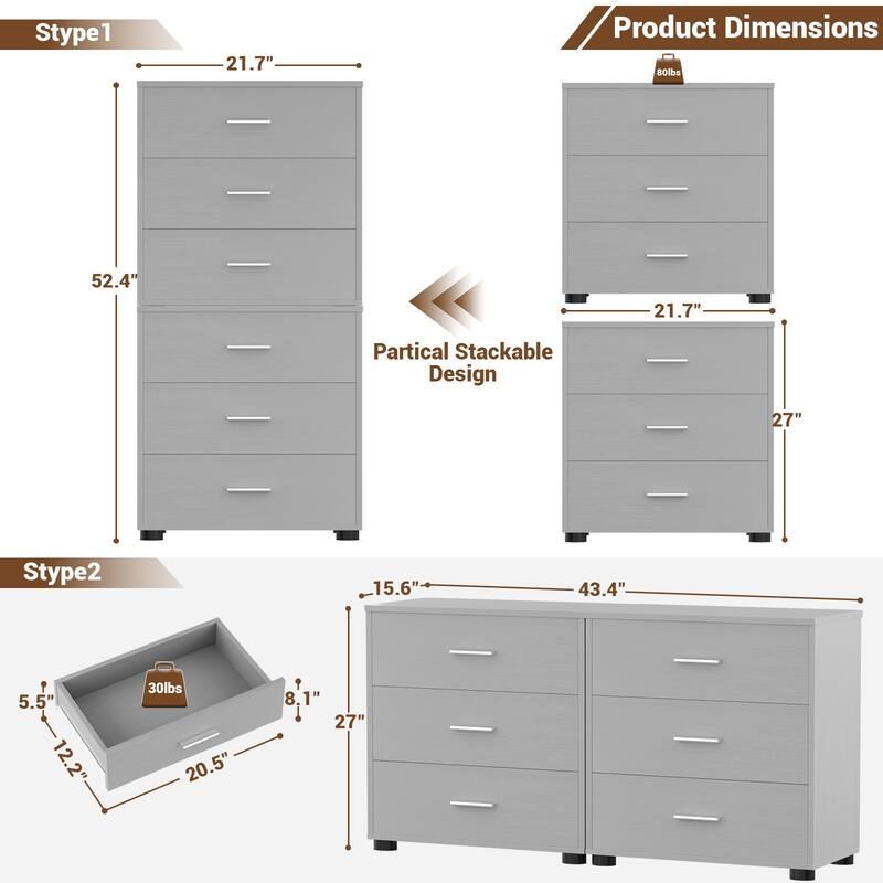 2-Pack Dressers with 6 Storage Drawers, Closet Organizers for Bedroom and Walk-in Closet
