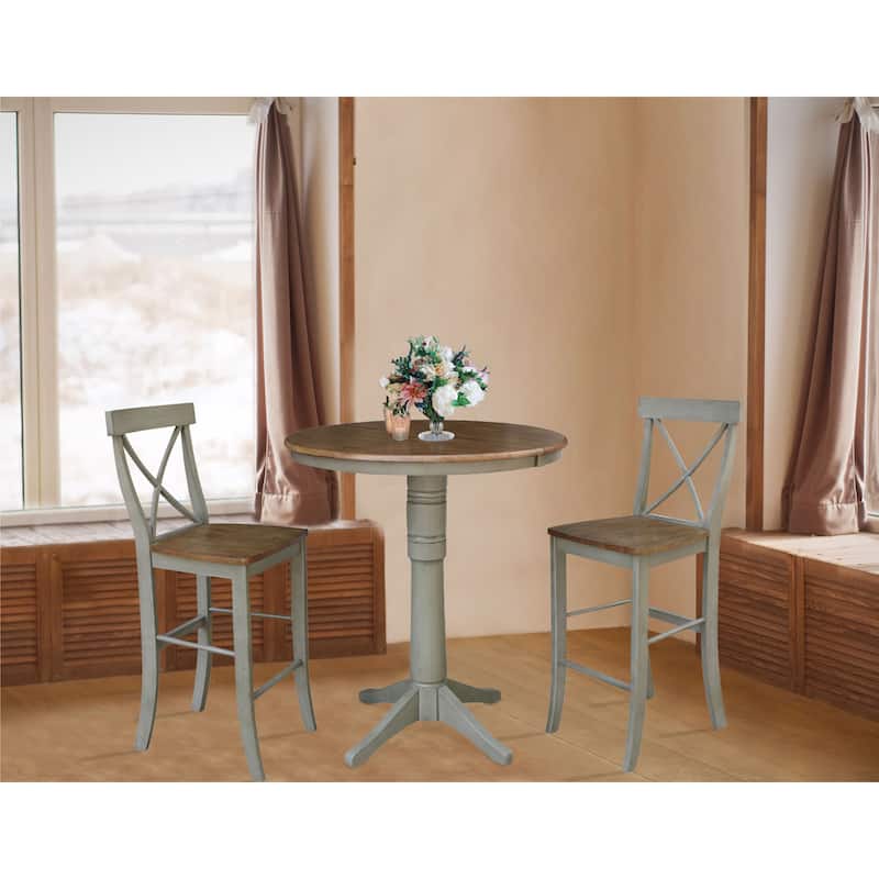 36" Round Extension Dining Table With 2 X-Back Bar Height Stools - Set of 3 Pieces