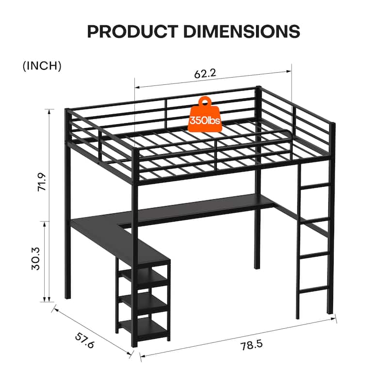 Full Size Metal Loft Bed with L-Shaped Desk & Shelves, Heavy-Duty Frame with Guardrails & Ladder, Vintage Wood Finish
