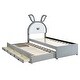 preview thumbnail 3 of 55, Versatility Upholstered Kids Bed with Trundle and 3 Drawers, Embedded LED Lights, Rabbit-Shaped Headboard, No Box Spring Needed