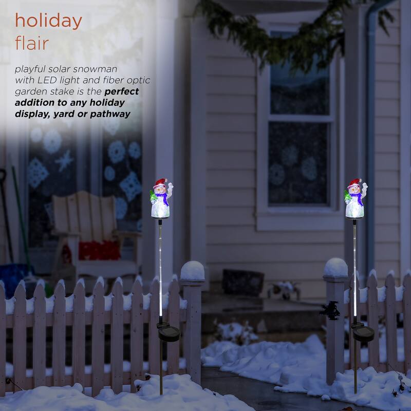 Alpine Corporation 34"H Outdoor Solar Christmas Snowman Fiber Optic Lawn Stakes with LED Lights (Set of 2) - Multi
