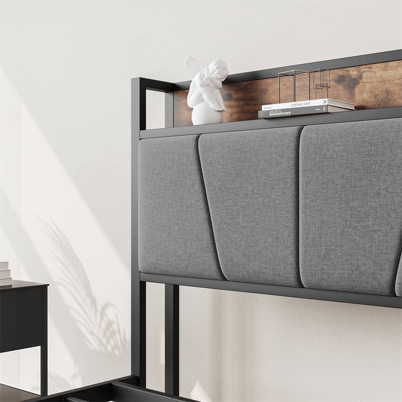 Bed Frame,Storage Headboard w/Charging Station &Drawers,Solid & Stable