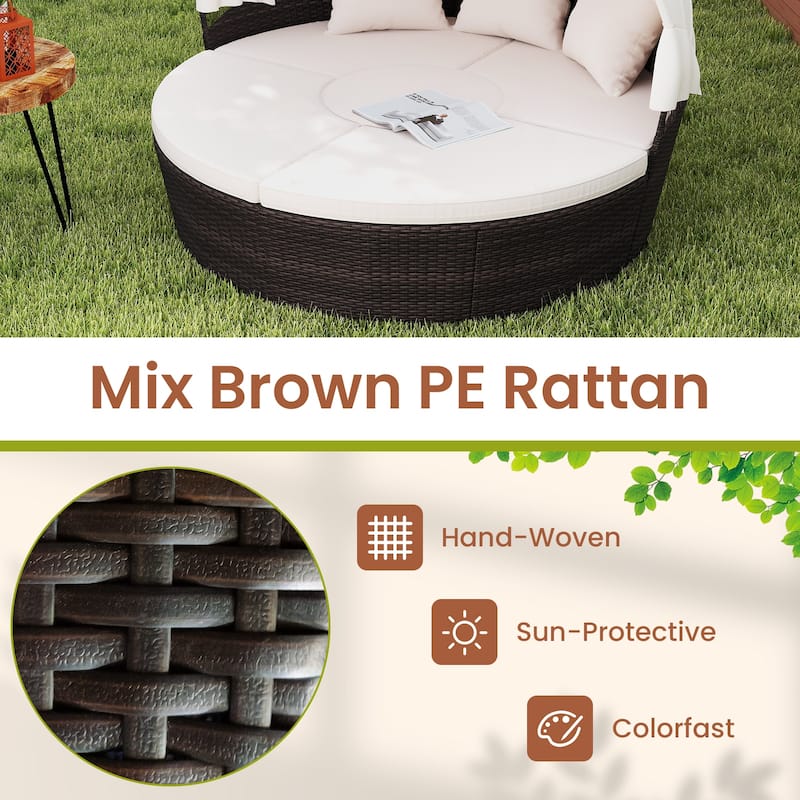 4 Piece Round Patio Daybed Set with Canopy Cushions and Table - 73" × 70" × 57"