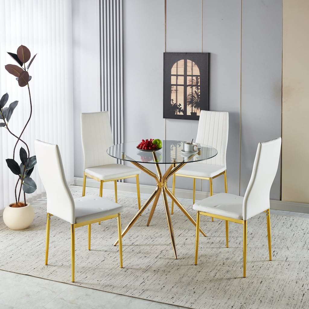 Modern Round Glass Dining Table 2 to 4 Person, Kitchen Table with Tempered Glass Top & Metal Legs for Dining Room, Living Room