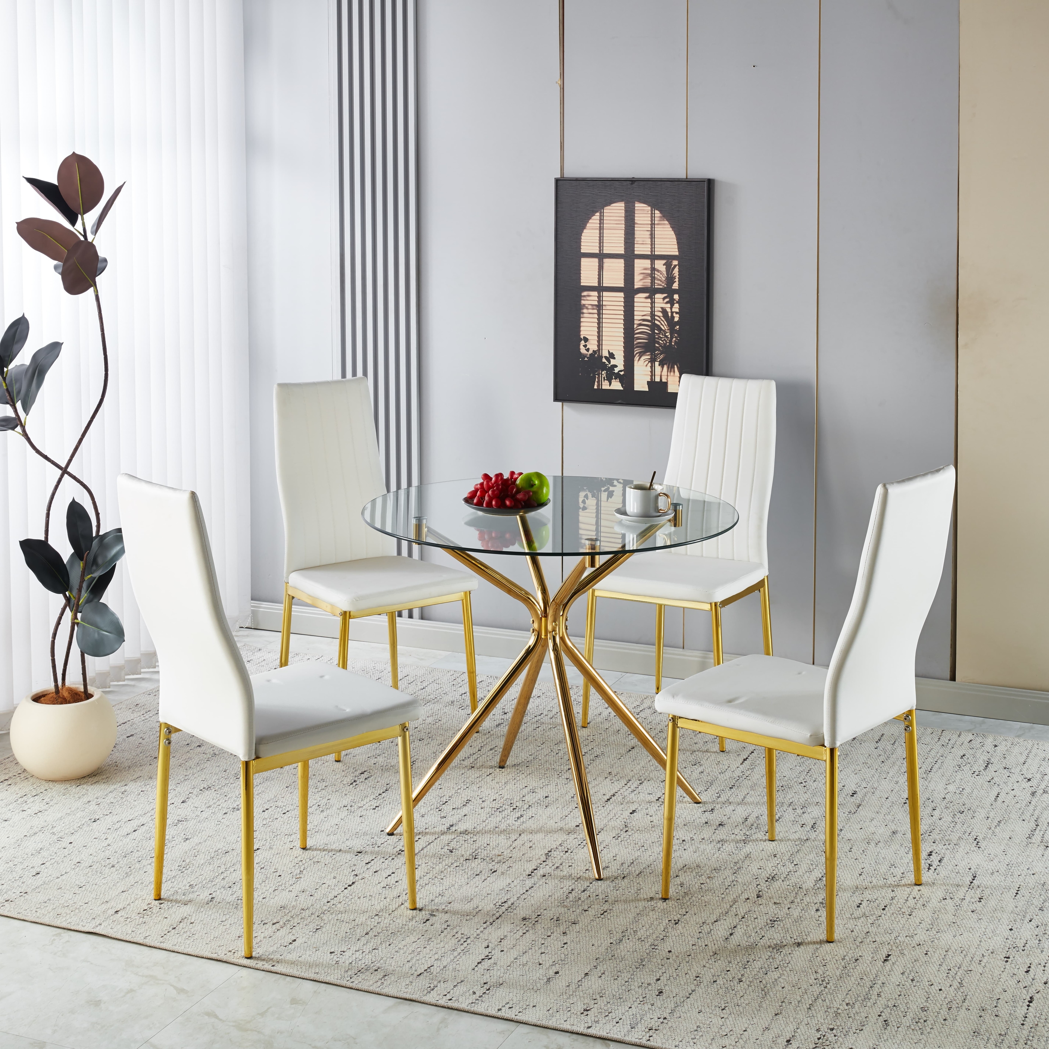 Modern Round Glass Dining Table 2 to 4 Person, Kitchen Table with Tempered Glass Top & Metal Legs for Dining Room, Living Room