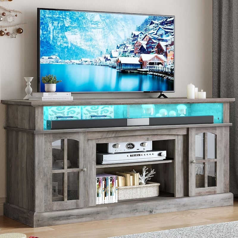Moasis LED Farmhouse TV Stand Highboy Entertainment Center Media Console with Adjustable Shelves & Glass Doors - 58 inches in width - Grey Wash
