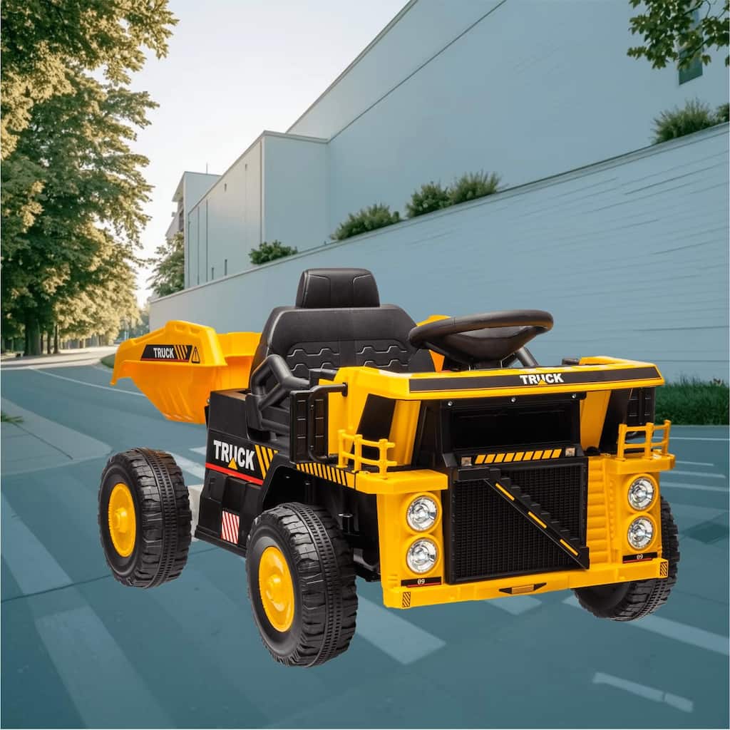 Kids 12V Electric Ride On Dump Truck with Lifting Bed, Shovel, Spring Suspension, and LED Headlights for Boys Girls Ages 3-5