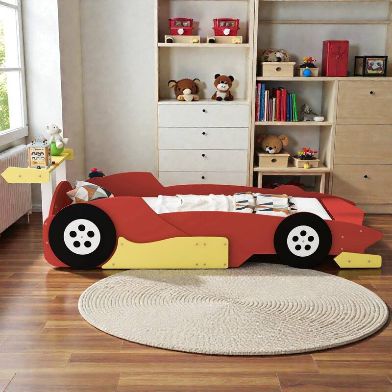 Race Car Platform Bed with Wheels, Kids Car-Shaped Bed Frame with Safety Rails