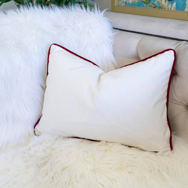 JOY Embroidered Christmas Throw Pillow - 14x20" Velvet Lumbar Cushion in Red and White with Green Holiday Accents