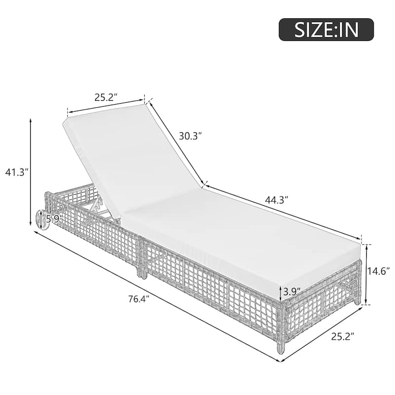 Set of 2 Rattan Outdoor Chaise Lounges with Wheels and Adjustable Backrest, Cushions for Poolside Backyard Garden