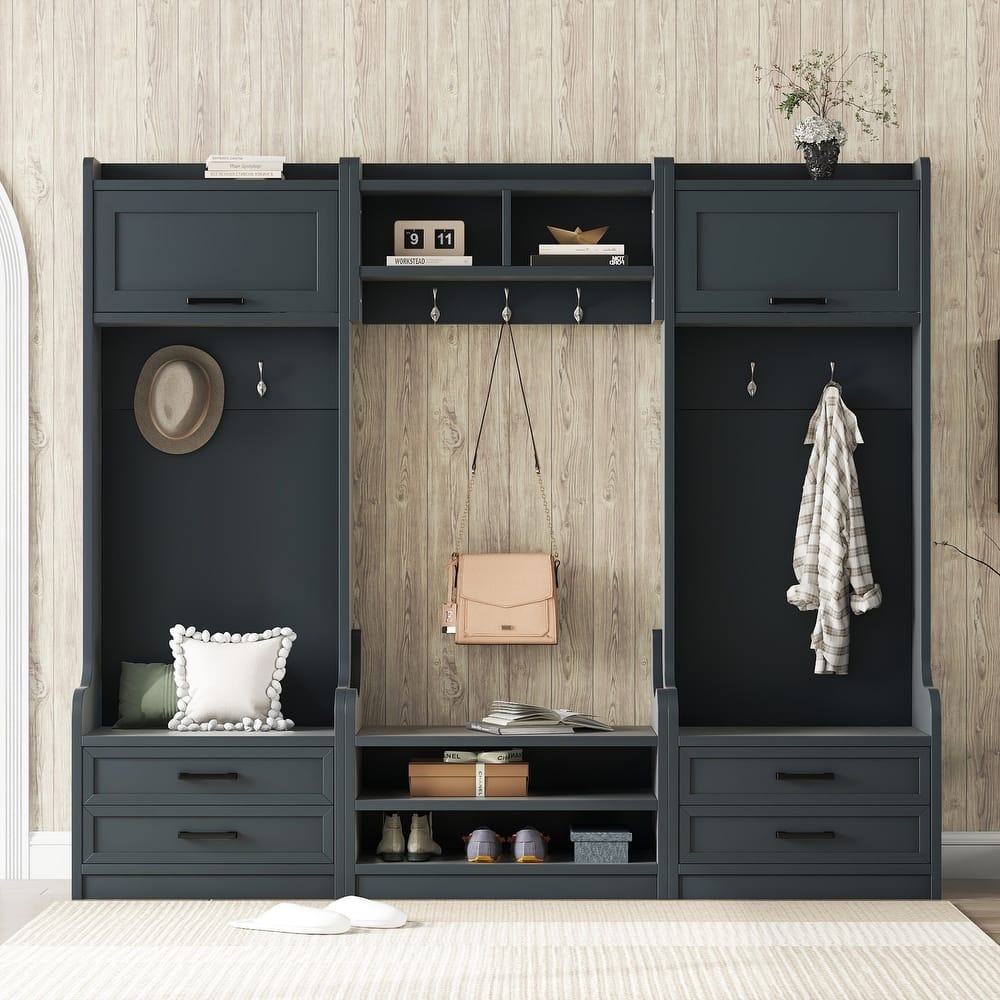Hall Tree Cabinet with Modular Sections and Coat Hooks, Detachable Entryway Cabinet Storage Cabinet