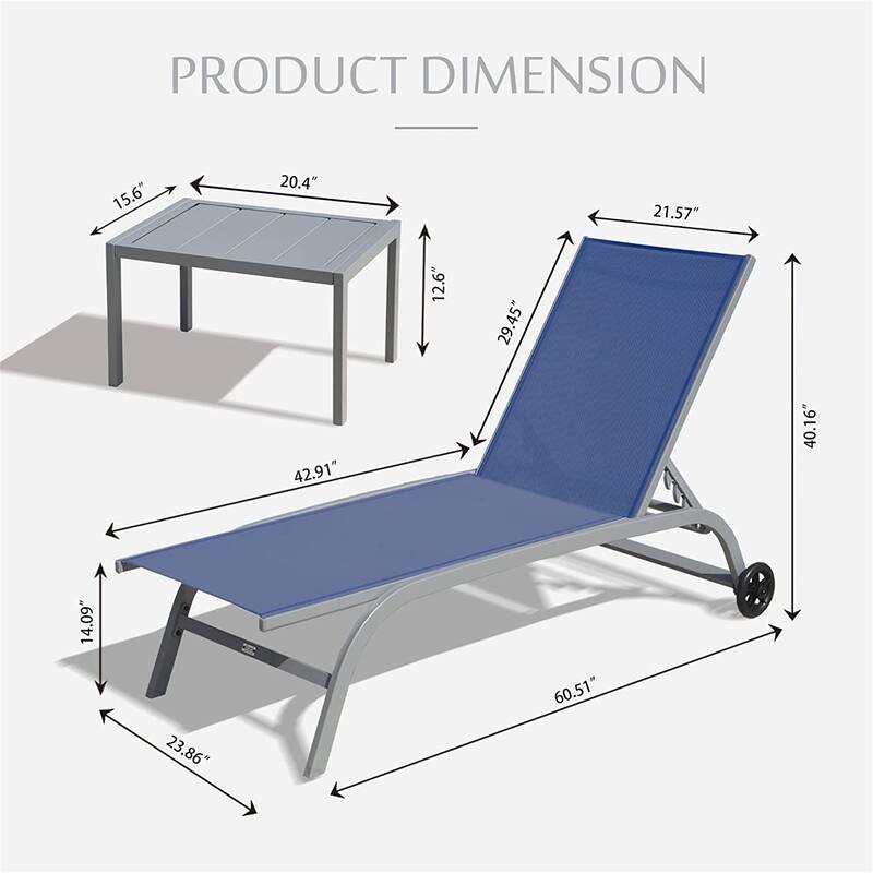 Outdoor Chaise Lounge Set of 3 Adjustable Patio Recliners with Wheels and Side Table for Poolside Beach or Garden