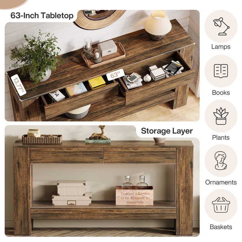 63” Console Table Behind Couch with 2 Storage Drawers