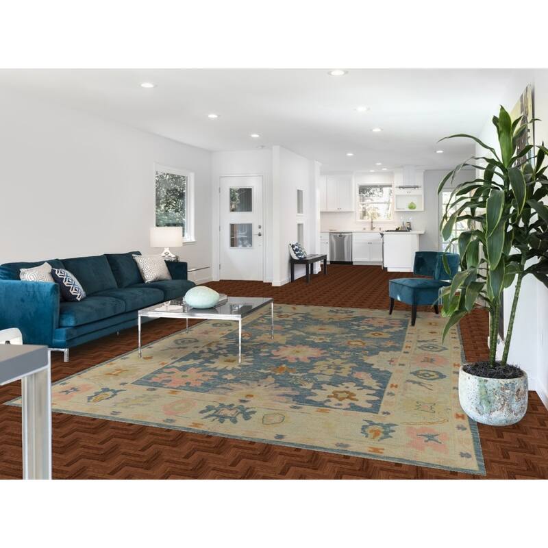 Hand Knotted Oriental 100% Wool Carpet Transitional All-Over Navy Blue & Blues Oushak Area Rug - 11' 8'' X 7' 8''