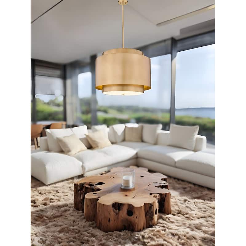 6-light Rubbed Brass Double Drum Design Lantern Chandelier with Diffuser