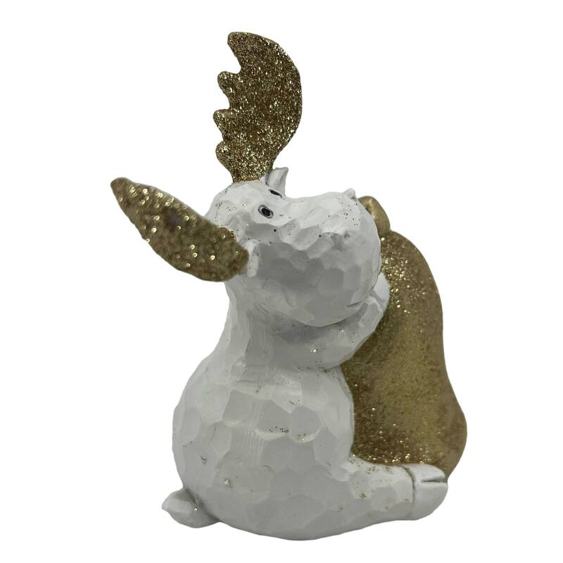 Sitting Glitter Moose Christmas Figurine - 9" - White and Gold