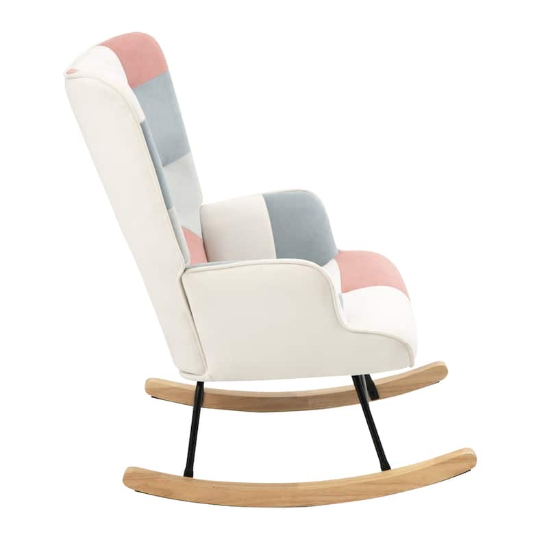 Patchwork Linen Rocking Chair with Ottoman (Mid-Century Style)