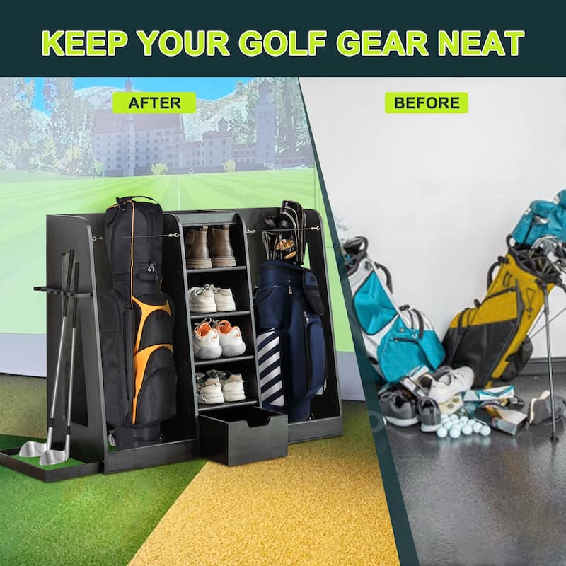55.5"x16"x37" Wooden Golf Bag Storage Rack with Drawers - 2-Bag Organizer with Side Club Holders - 55.5" L x 16" W x 37" H