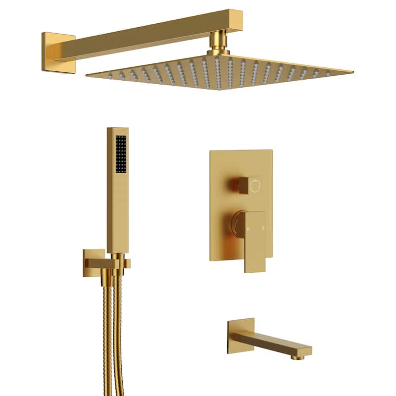 GRANDJOY 10" 3-in-1 Shower System with Rainfall Head, Handheld and Tub Spout, Pressure Balance Valve - Brushed Gold