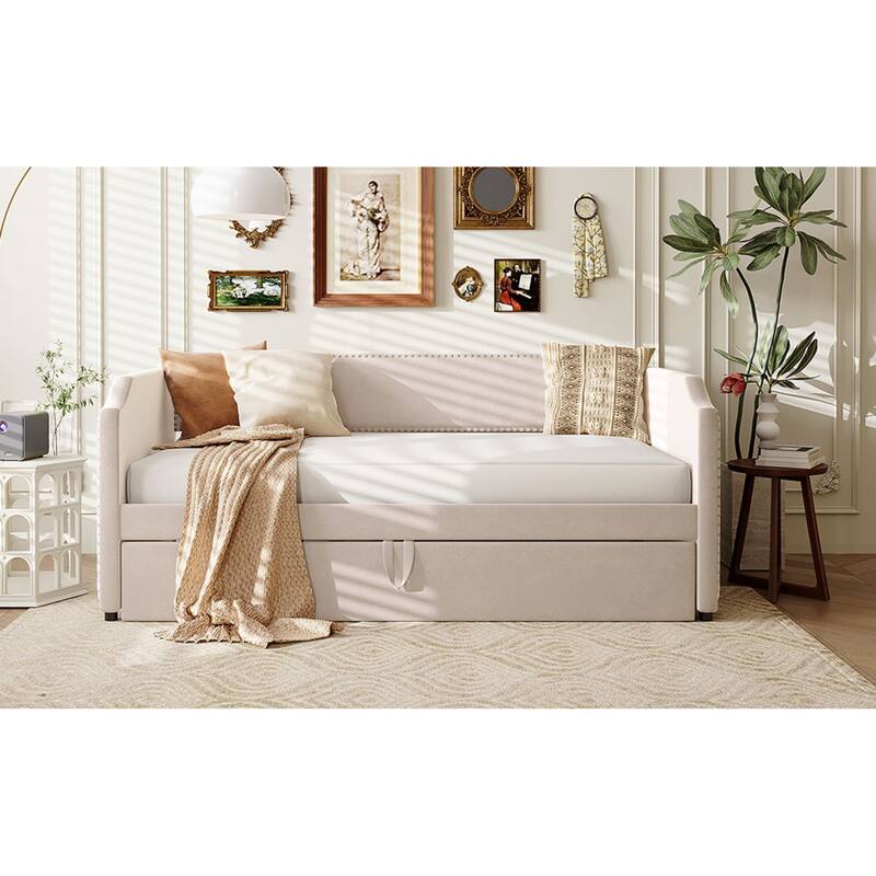 Roomfitters Twin Size Velvet Upholstered Daybed with Pop Up Trundle, Space Saving Sofa Bed Frame with Slats