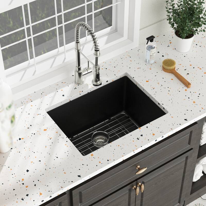 24" Undermount Single Bowl Quartz Kitchen Sink in Black - 24'' x 18'' x 12''