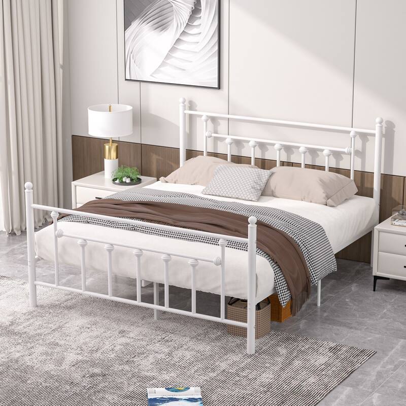 14 Inch Metal Victorian Platform Bed Frame with Headboard and Footboard, Heavy Duty Mattress Foundation with Steel Slats Support - White - Full