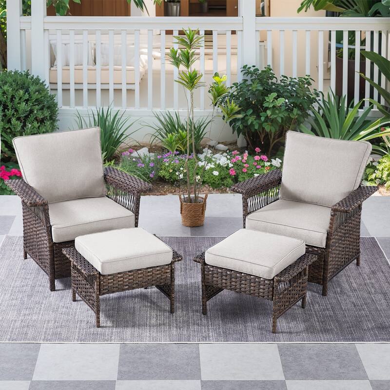 Gymojoy 4PCS Chairs Outdoor Patio Rattan with Ottoman - Brown - Beige