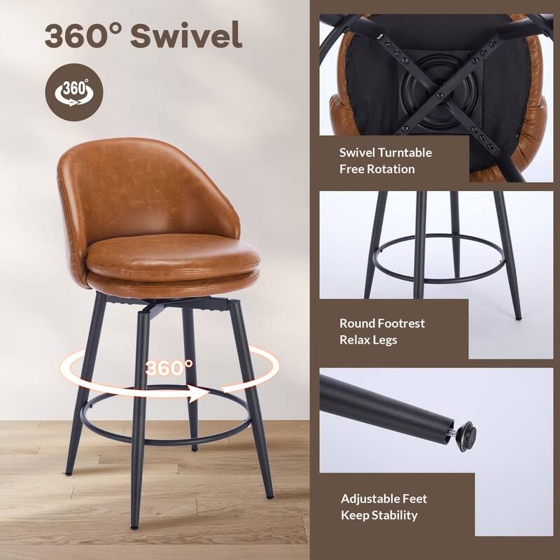 26" Swivel Leather Bar Stools Set of 2, Counter Height PU Leather / Linen Fabric Upholstered Barstool with Metal Legs