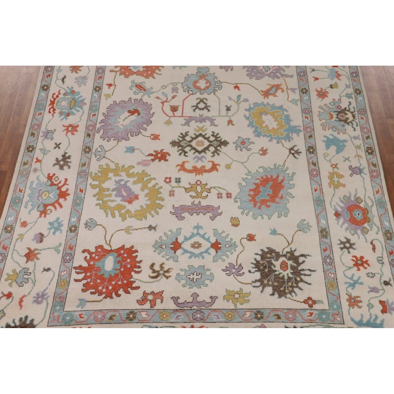 Beige Transitional Floral Oushak Area Rug Hand-Knotted Wool Carpet - 8'9" x 12'0"