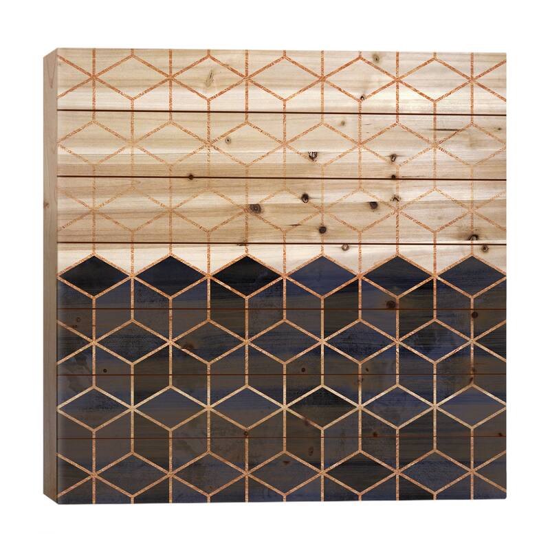 White And Navy Cubes Print On Wood by Elisabeth Fredriksson - Multi-Color - 26x26x1.5