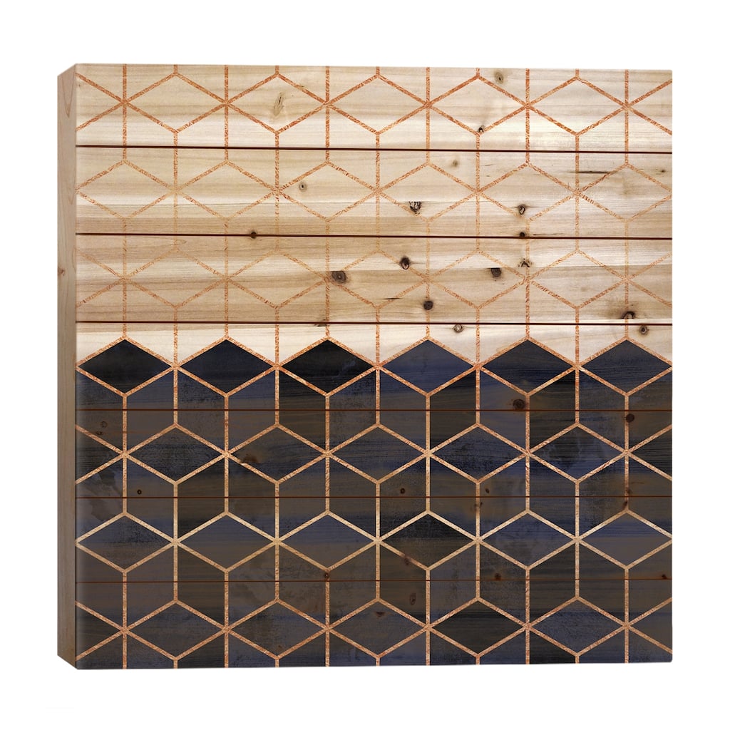 White And Navy Cubes Print On Wood by Elisabeth Fredriksson - Multi-Color