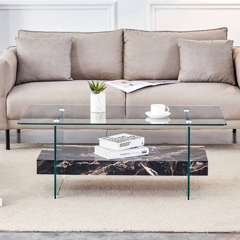 Modern Rectangular 2-Tier Coffee Table Multifunctional Coffee Table with Storage Space and Non-slip Feet, for Living Room