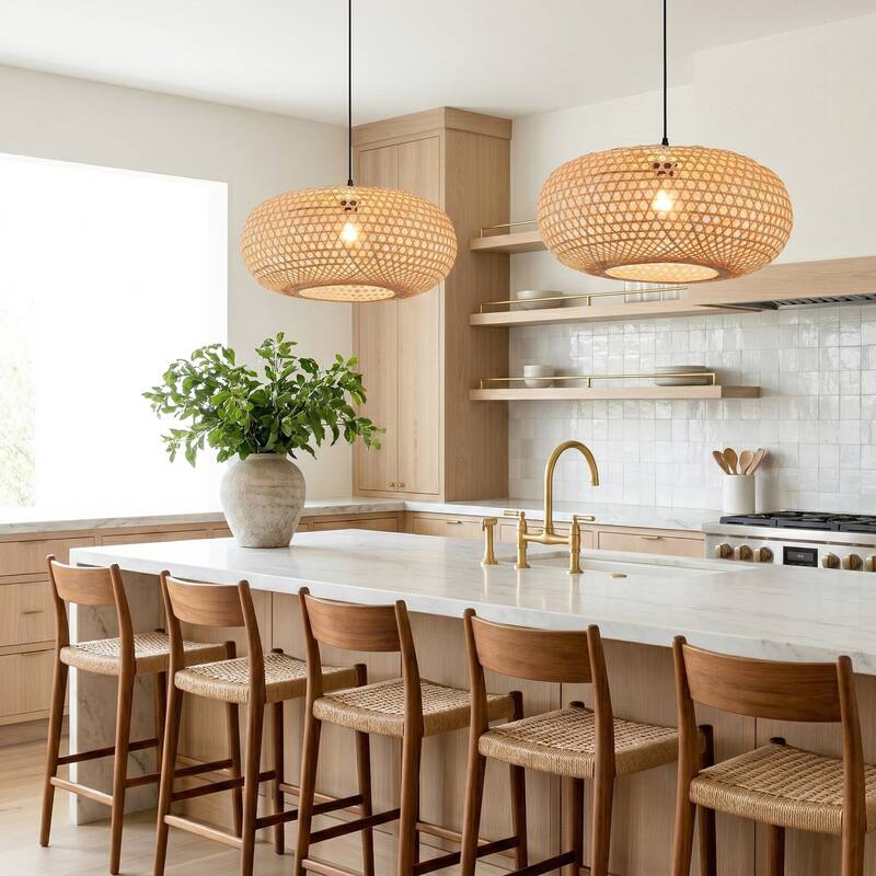22" Nautical Woven Bamboo Lantern 1-Light Island Pendant Light Chandelier for Kitchen