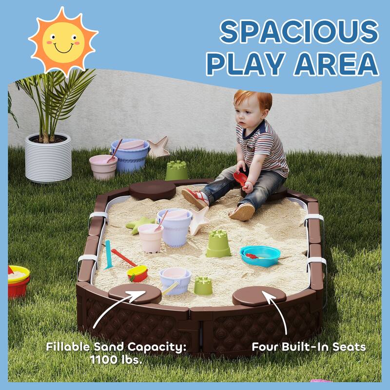 Dark Brown HDPE Outdoor Kids Sandbox with Seats and Weather Cover - 70.9" L x 42.1" W x 8.7" H