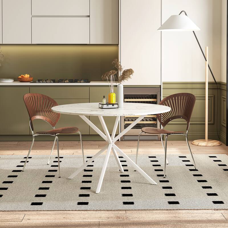 47.24" Modern Cross Leg Round Dining Table, White Marble Top Occasional Table