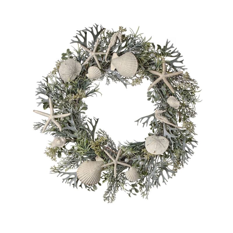 Plastic Shell And Coral Fern Nautical Wreath 22"