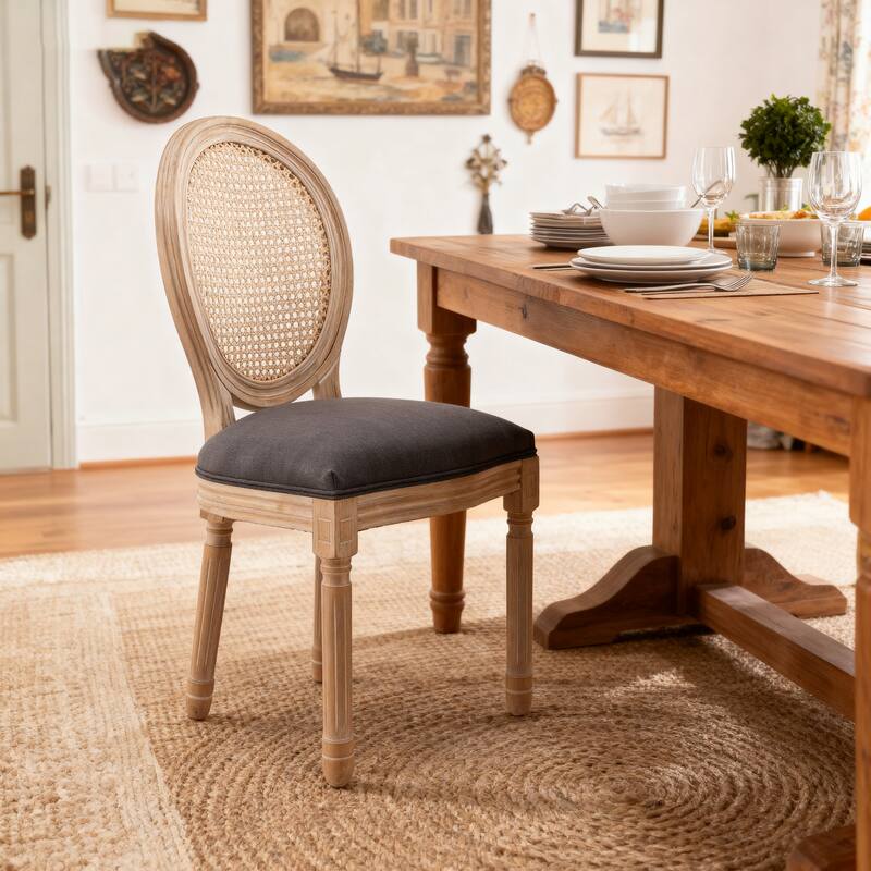 Dining Chairs Set of 2, Rattan Upholstered Vintage Farmhouse Fabric Chair, with Round Backrest and Solid Wood Legs