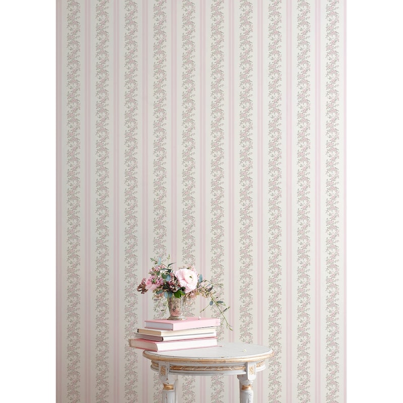 Marigold Wreath Pastel Peach Floral Stripe Wallpaper