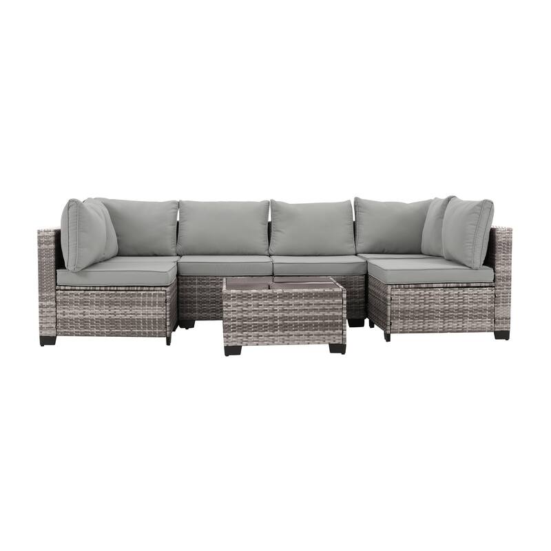 7-Piece Wicker Patio Conversation Set with Cushions,6 Sofas, 1 Table - Gray/Light Gray
