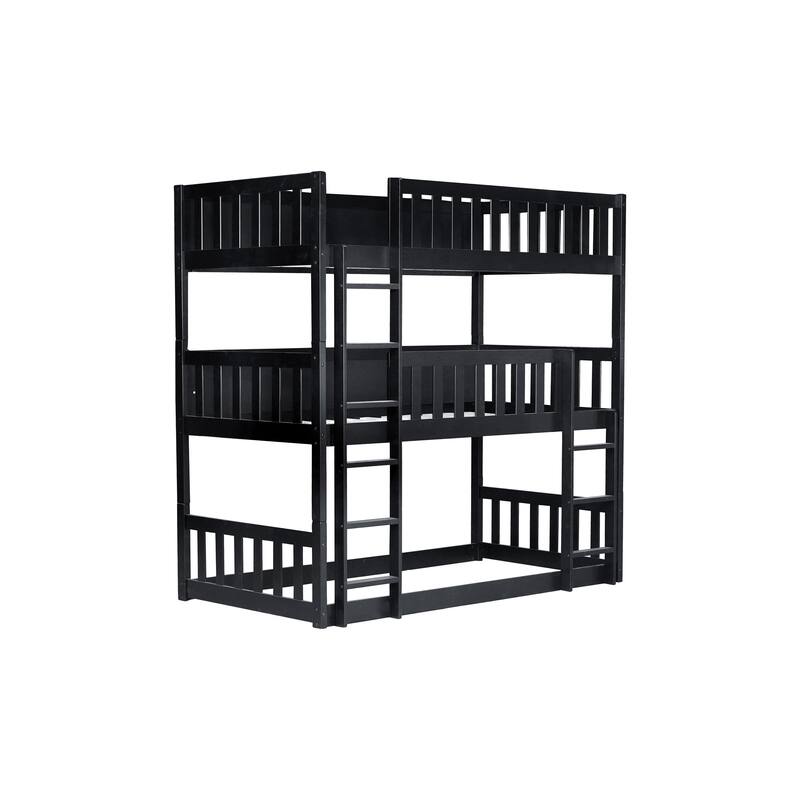 Triple Rubber Wood Bunk Bed, Twin over Twin, Black, Detachable, Space-saving Design