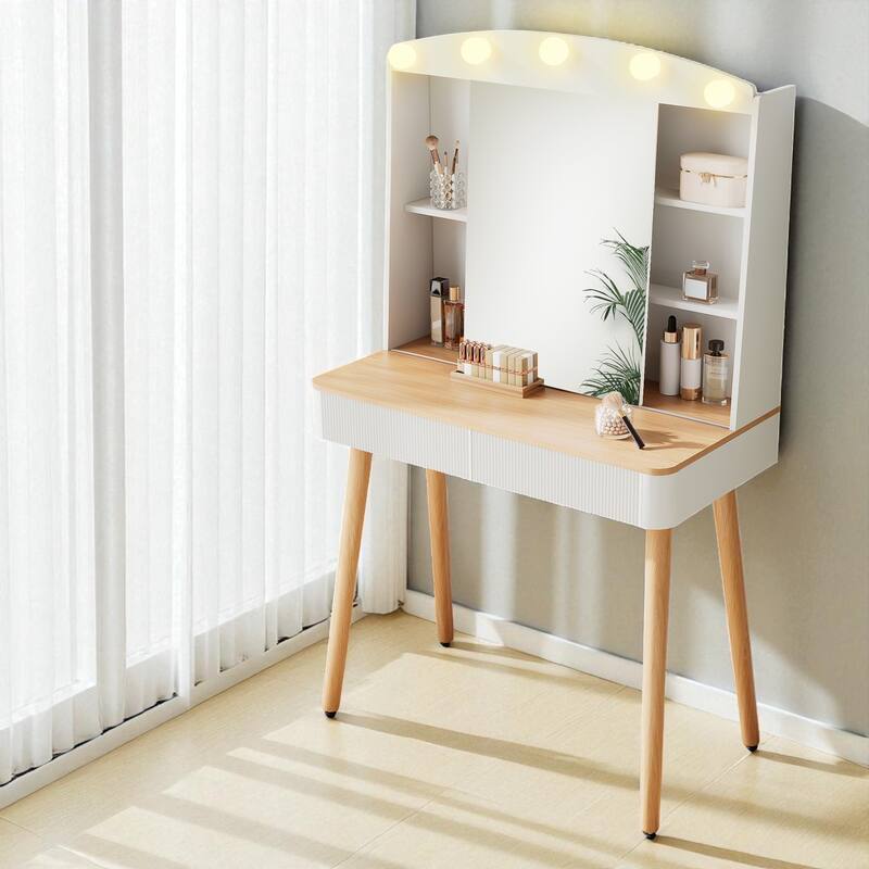 Small Vanity Desk with Sliding LED Mirror, Fluted Drawers and Adjustable Lighting for Makeup Storage - White