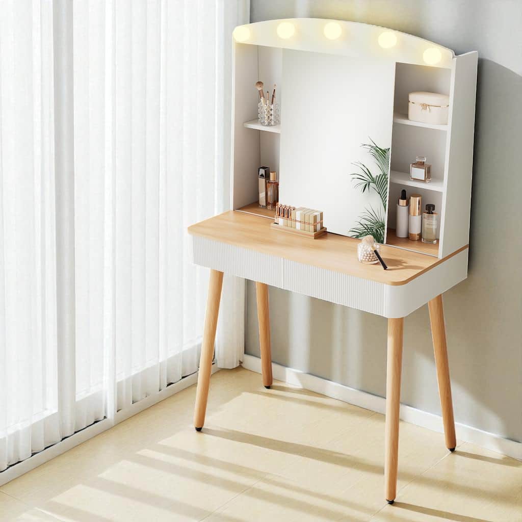 Small Vanity Desk with Sliding LED Mirror, Fluted Drawers and Adjustable Lighting for Makeup Storage
