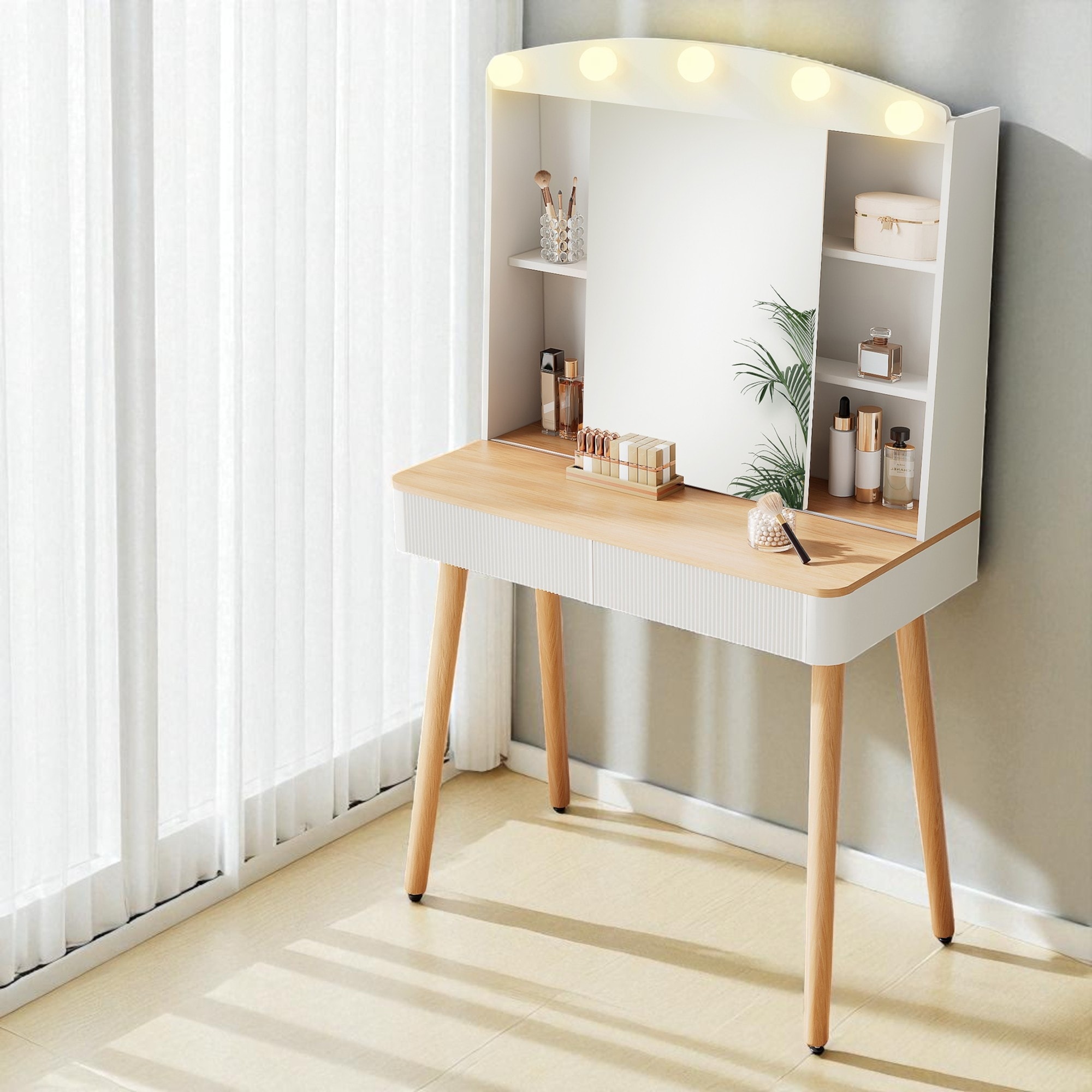 Small Vanity Desk with Sliding LED Mirror, Fluted Drawers and