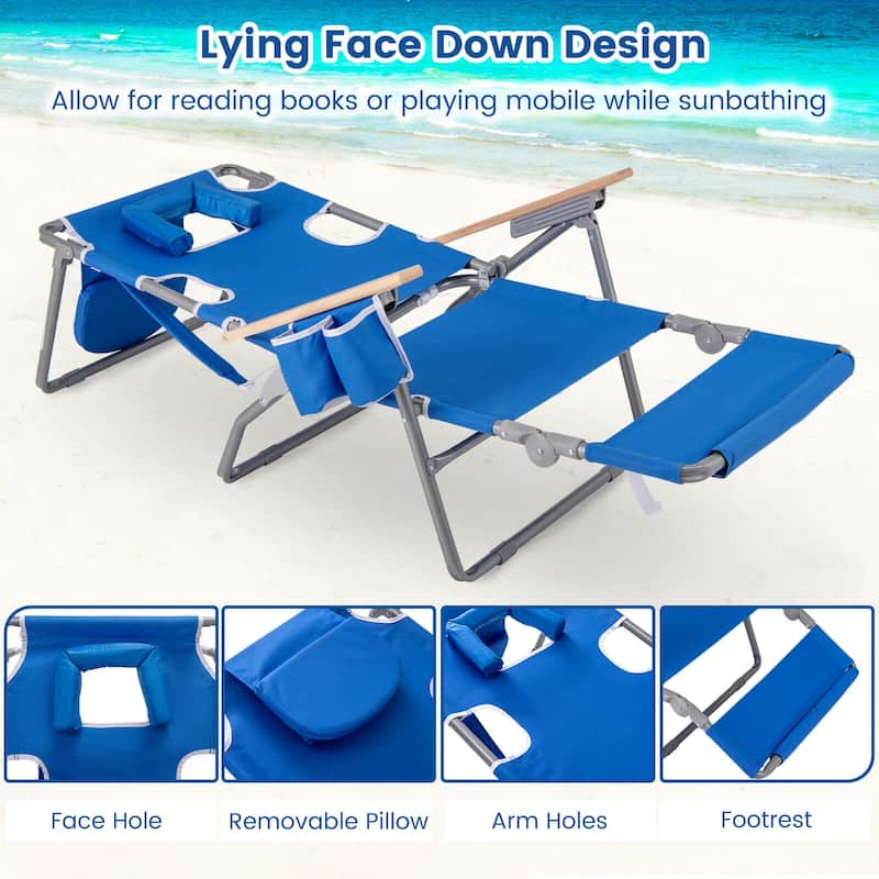 Costway 1/2 PCS 3-IN-1 Foldable Beach Chair with Face Hole, Footrest,